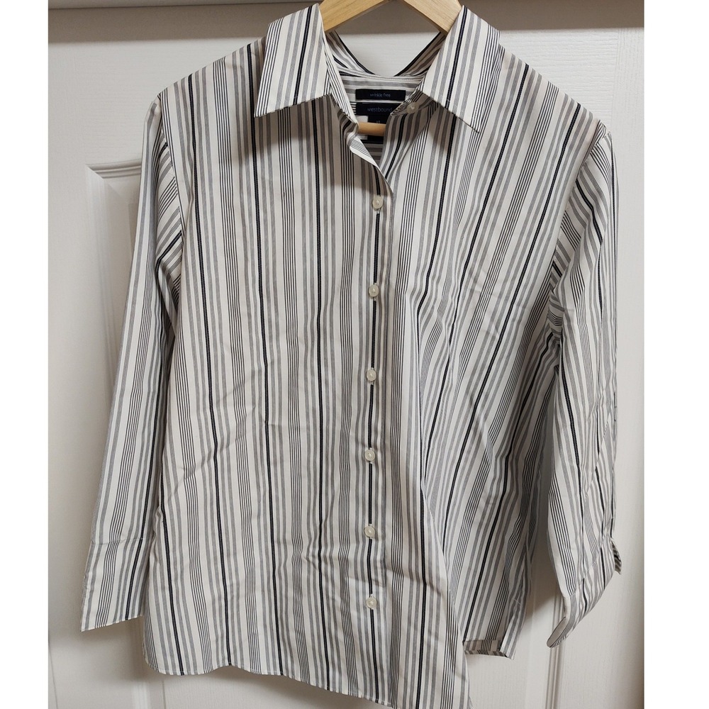 Westbound Women 14 White Black Striped Wrinkle Free‎ Button Up Shirt Long Sleeve